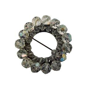 Vintage Brooch‎ Open Circle Wreath Pin Aurora Borealis Clear Faceted Crystals
